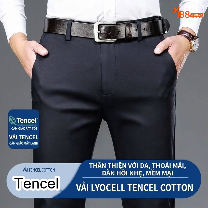 Quần Tây Nam Ống Đứng Vải Lyocell Co Giãn Thoải Mái Màu Đen, Xanh Navy