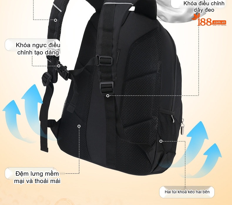 Balo Nam Cá Tính Chống Nước Cho Học Sinh Cấp 2 3, Thanh Niên, Túi Đựng Laptop Phong Cách Âu Mỹ Màu Đen chi tiết 7