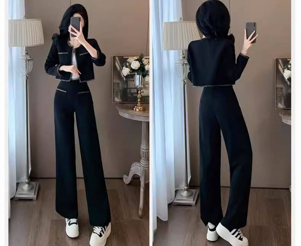 Set Bộ Quần Áo Dài Tay Nữ Phong Cách Hàn Quốc Trẻ Trung Màu Đen chi tiết 3