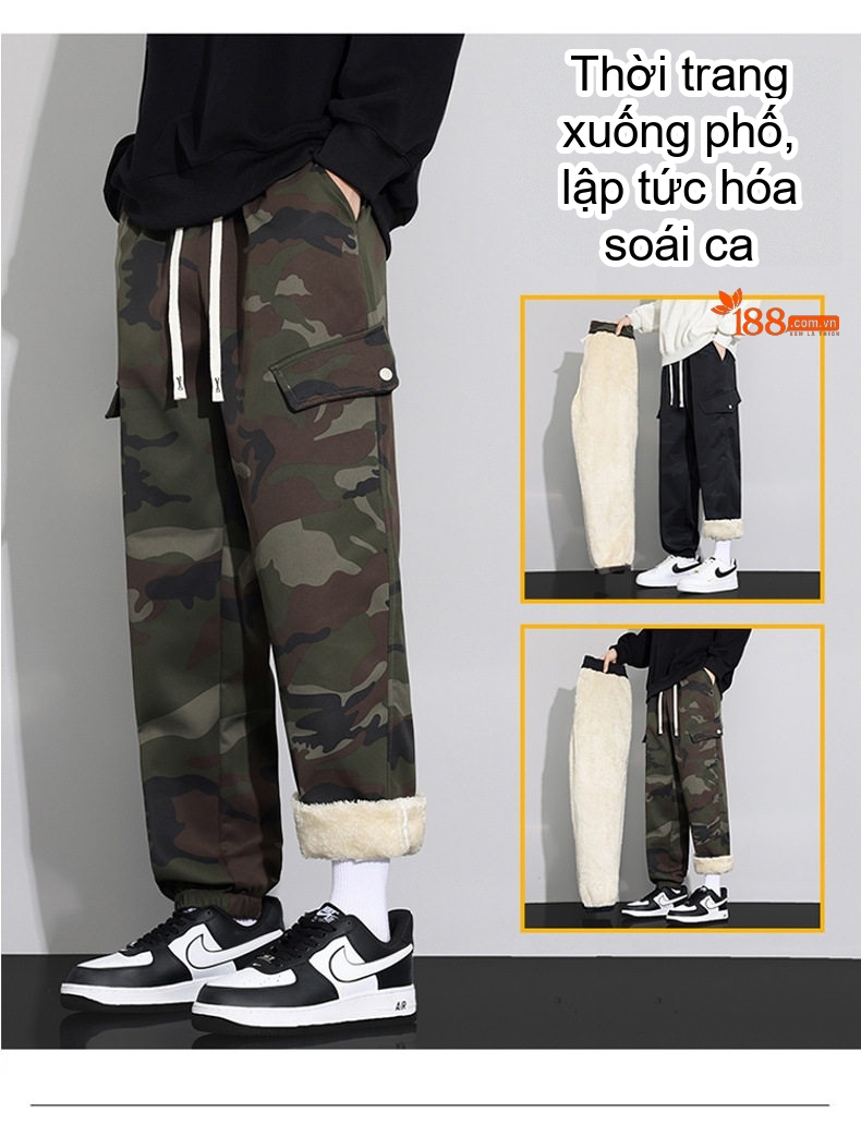 Quần Jogger Nam Lót Lông Cừu Non Dày Dặn Phong Cách Mỹ Ống Bo Chun Màu Rằn Ri, Đen chi tiết 12