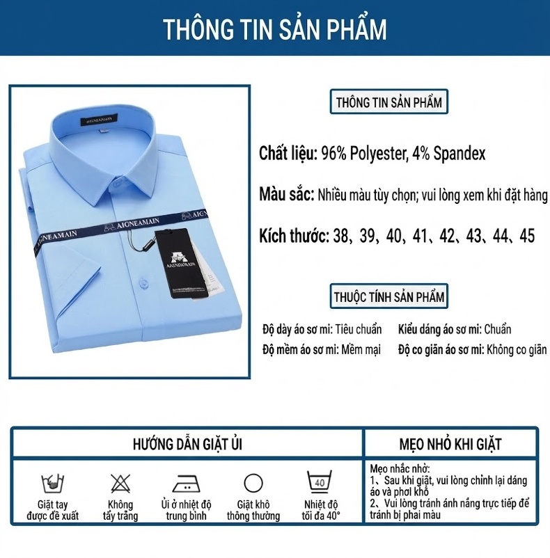 Áo Sơ Mi Nam Tay Ngắn Chống Nhăn Không Cần Ủi, Phong Cách Lịch Lãm Màu Xanh Nhạt, Vàng, Xanh Lá, Xám chi tiết 6