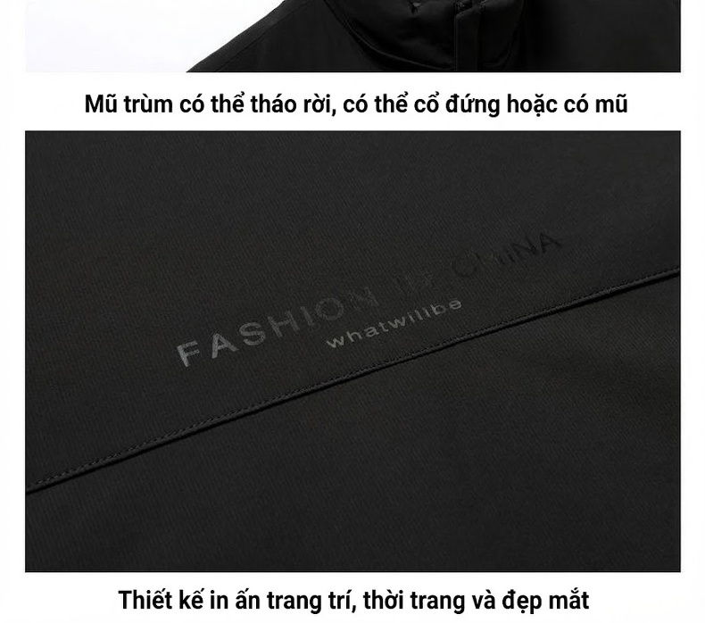 Áo Khoác Phao Nam Dày Dặn 3 Trong 1 Có Mũ Trùm Đầu Chống Gió Giữ Ấm Màu Đen chi tiết 29