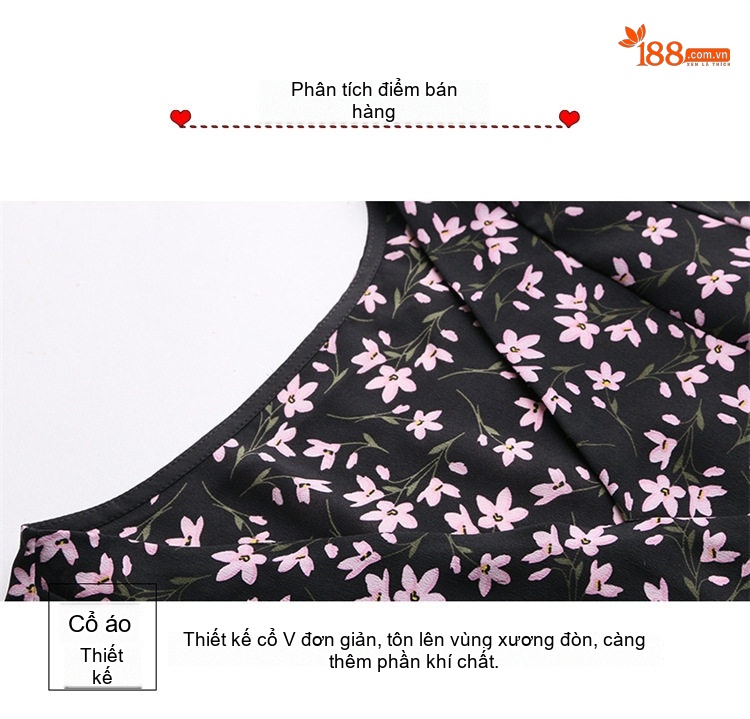 Váy liền thân Nữ Cổ chữ V tay bồng họa tiết hoa nhí dáng dài thanh lịch Màu Đen, Xanh chi tiết 5