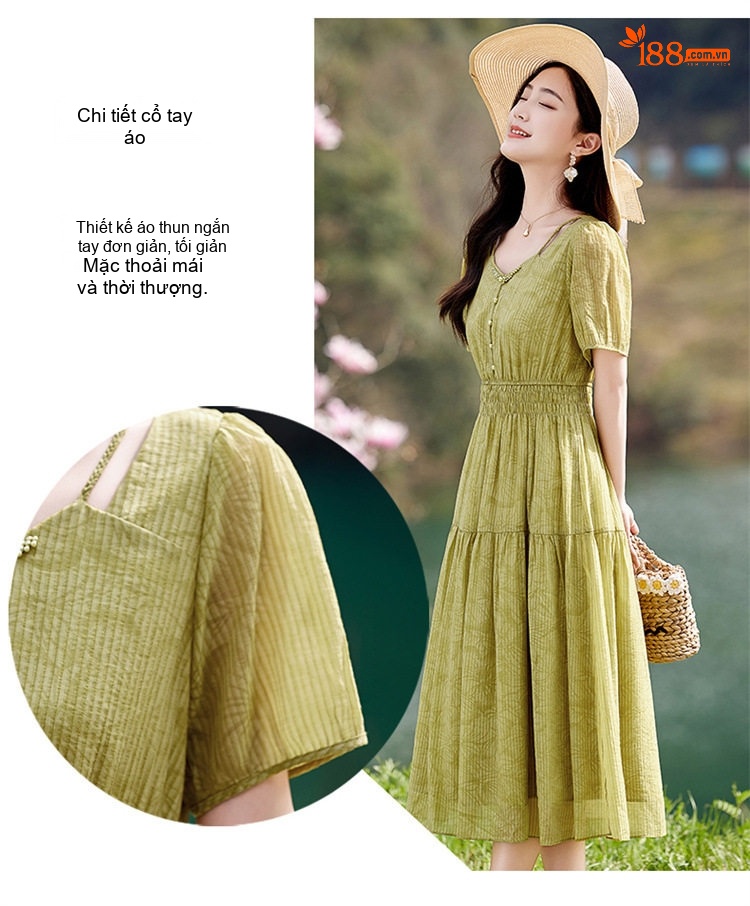 Váy Midi Nữ Tay Ngắn Thiết Kế Thanh Lịch Thoáng Mát Màu Be, Xanh Lá chi tiết 8