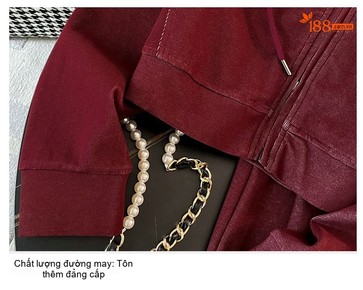 Bộ Đồ Thể Thao Nữ Áo Khoác Hoodie Dây Kéo Quần Ống Rộng Màu Đỏ Rượu Vang, Xanh Navy chi tiết 8