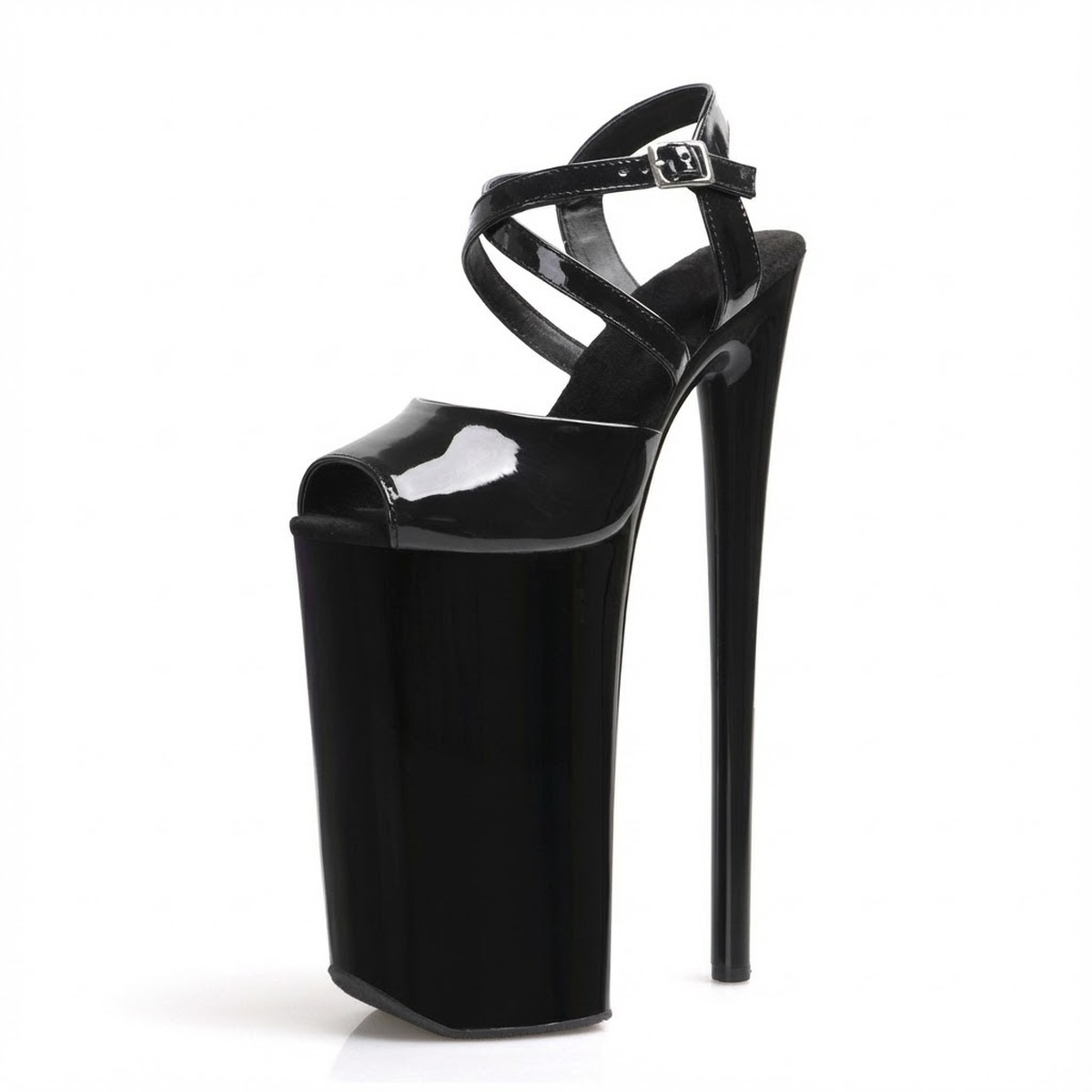 Giày Sandal Cao Gót Nữ Hở Ngón Quai Chéo Da Bóng Gót Cao 15cm Màu Đen