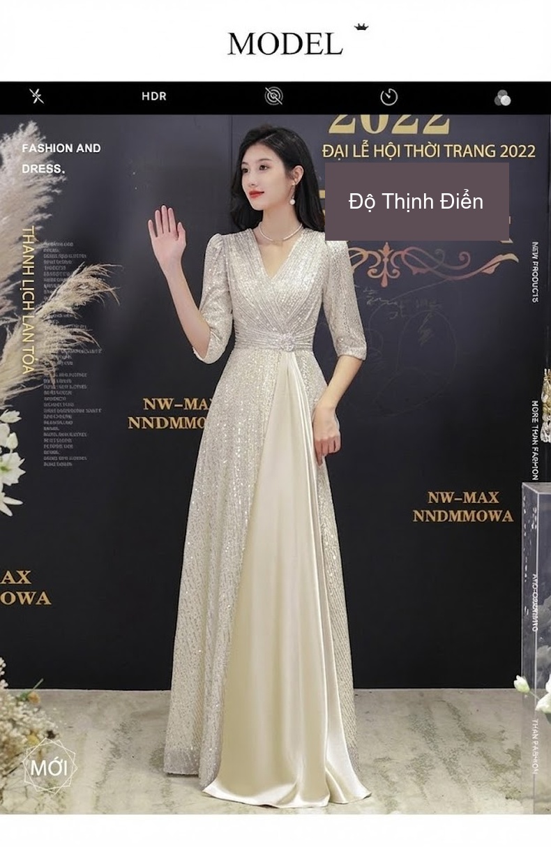 Váy Dạ Hội Nữ Dáng Dài Sang Trọng Màu Vàng Gold, Đen chi tiết 1