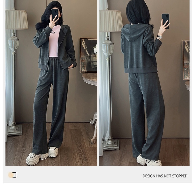 Bộ Đồ Thu Đông Nữ Áo Khoác Có Mũ Quần Ống Rộng Phong Cách Thể Thao Màu Xám chi tiết 3