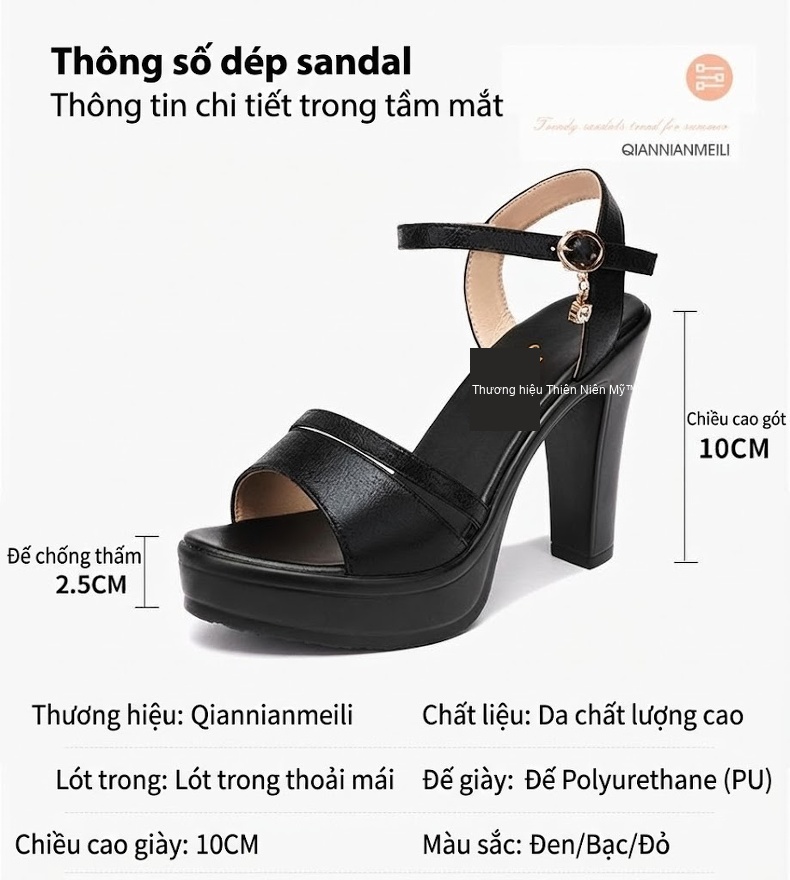 Giày Sandal Cao Gót Nữ Quai Ngang Đế Xuồng Da Bóng Gót Cao 8cm Màu Đen, Đỏ, Bạc chi tiết 4