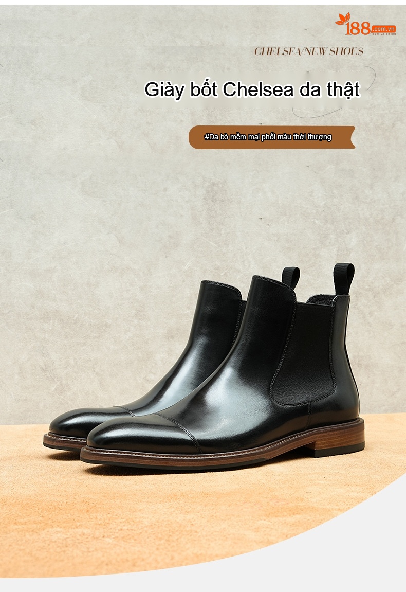Chelsea Boots Nam Da Bò Cao Cổ Phong Cách Anh Quốc Chiều Cao Đế Khoảng 3cm Màu Đen, Nâu chi tiết 1