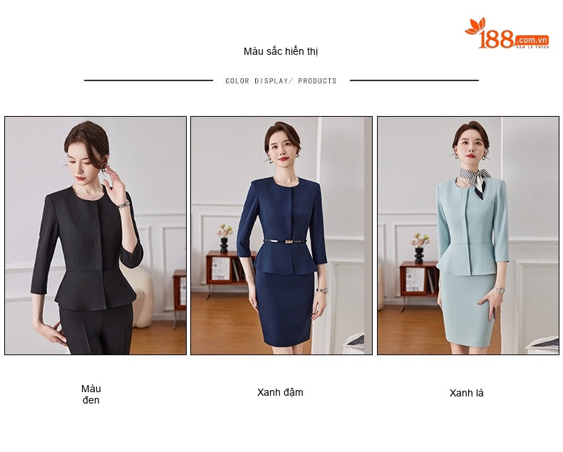 Bộ Vest Công Sở Nữ Quần/Chân Váy Thanh Lịch Màu Đen, Xanh Navy, Xanh Mint chi tiết 7