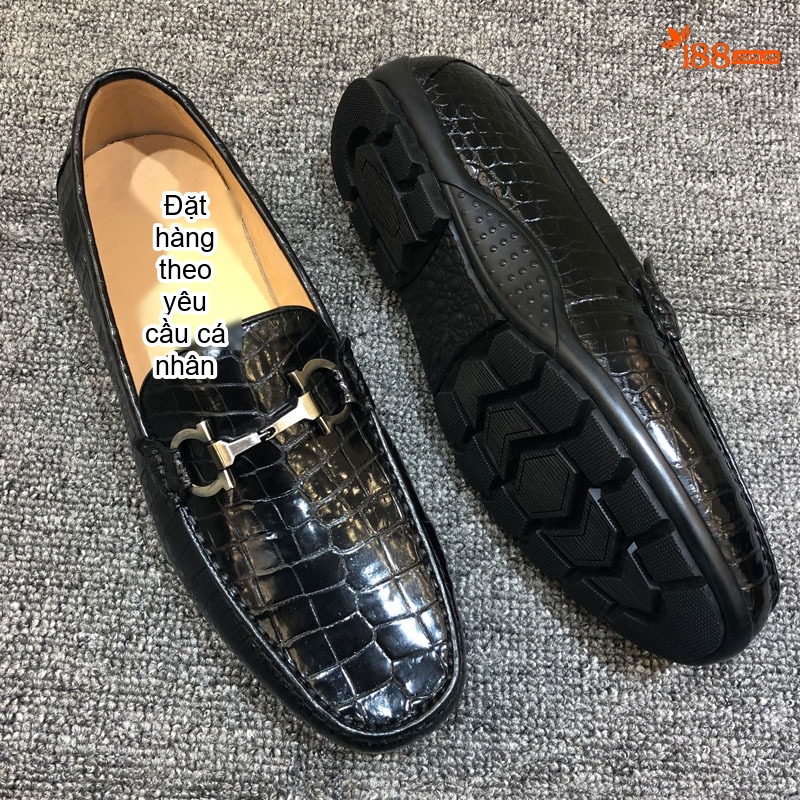 Giày Lười Nam Da Bụng Cá Sấu Chiều Cao Đế Khoảng 2cm Màu Đen