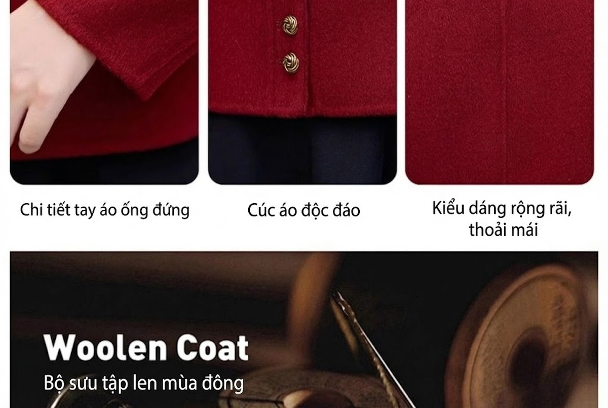 Áo Khoác Lông Cừu Nữ Màu Đỏ Đô Phong Cách Tiểu Thư chi tiết 15