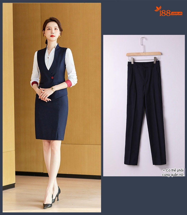 Bộ Vest Công Sở Nam Nữ Áo Ghile Quần Dài Công Nhân Lễ Tân Khách Sạn Màu Xám, Xanh Navy, Đỏ chi tiết 23