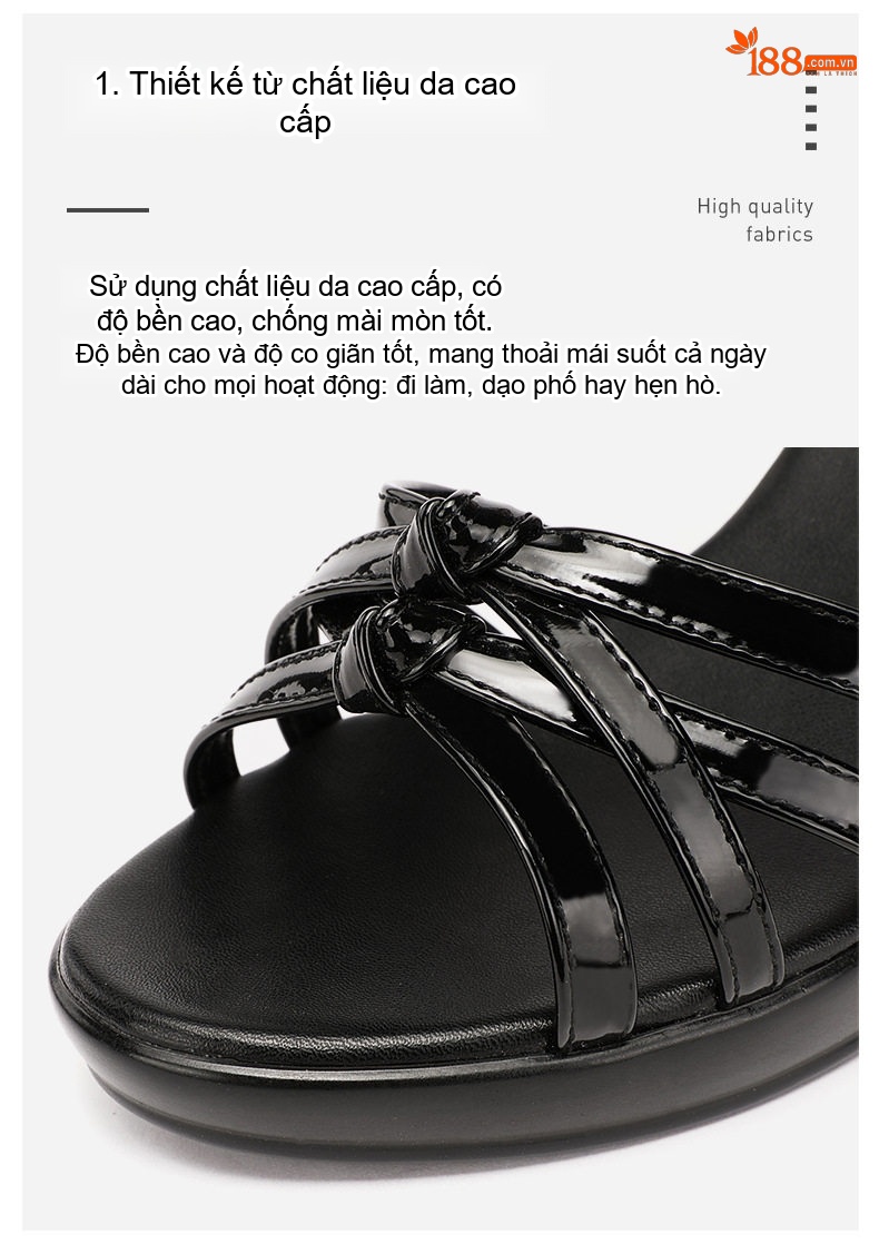 Giày Sandal Cao Gót Nữ Hở Ngón Quai Ngang Da Bóng Gót Cao 8cm Màu Đen, Đỏ, Trắng chi tiết 7