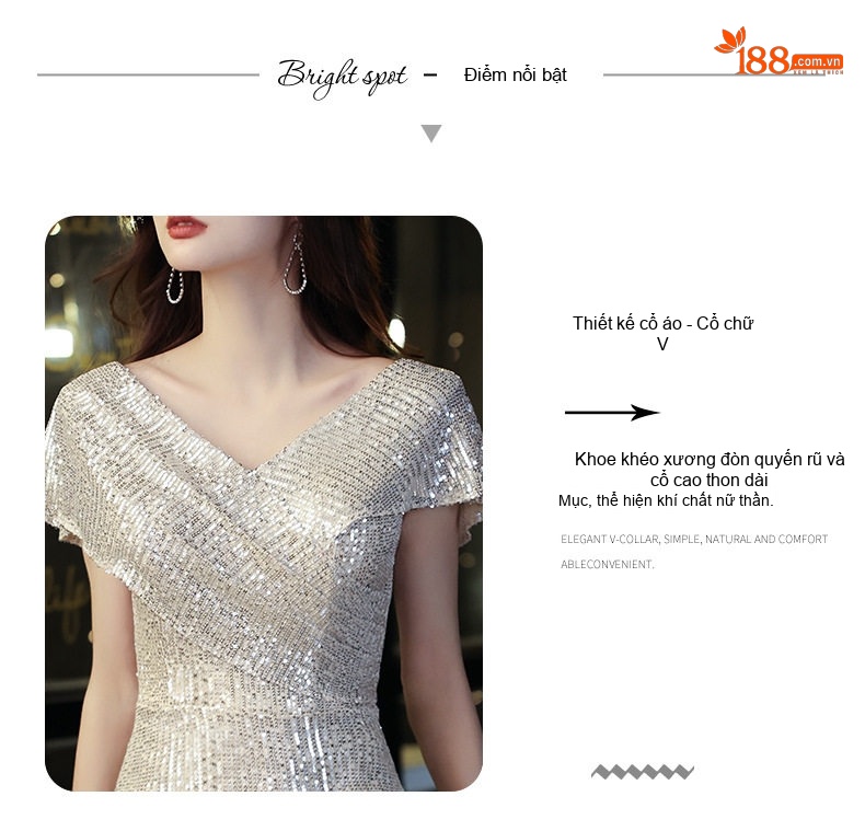Váy Dạ Hội Nữ Đính Kim Sa Dáng Ôm Đuôi Cá Dài Đến Bắp Chân Thanh Lịch Màu Trắng Bạc chi tiết 3