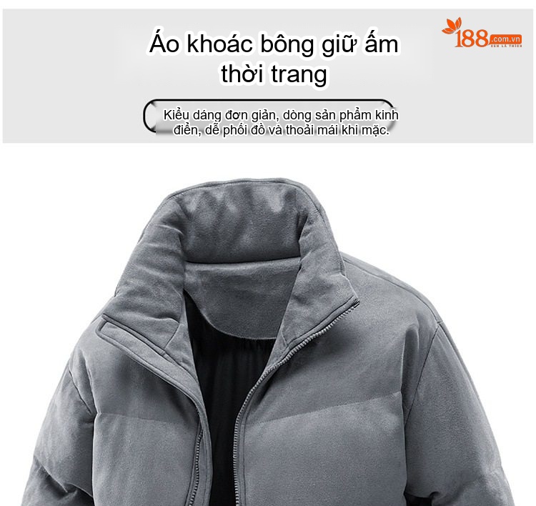 Áo Khoác Bông Nam Nữ Cổ Trụ Dáng Rộng Dày Dặn Phong Cách Couple Màu Đen, Trắng, Xám chi tiết 2
