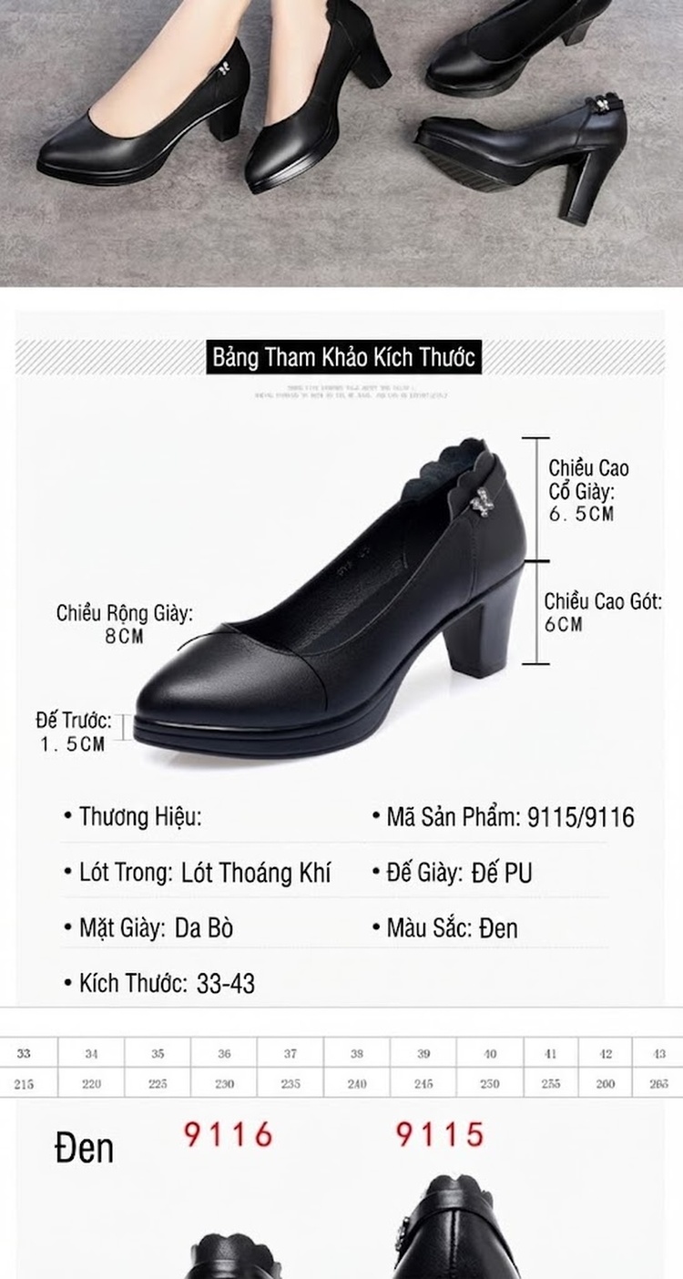 Giày Cao Gót Nữ Da Bóng Công Sở Chiều Cao Đế Khoảng 7cm Màu Đen chi tiết 2