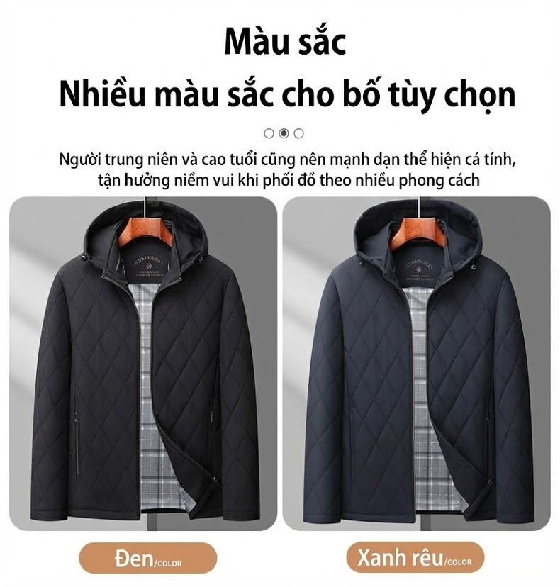 Áo Khoác Bông Nam Có Mũ Trùm Đầu Cotton Lót Lụa Tằm Ngắn Tay Giữ Ấm Màu Đen, Xanh Navy chi tiết 14