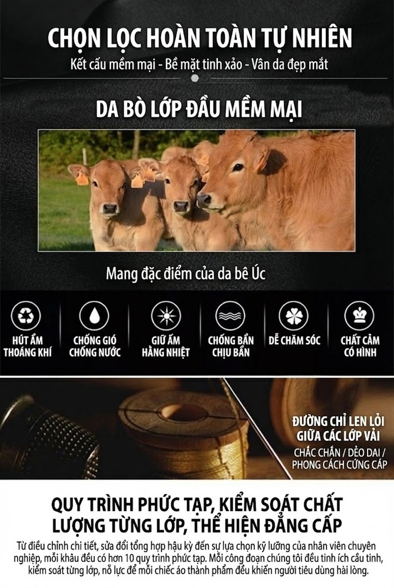 Áo Khoác Da Thật Nam Trung Niên Dáng Ôm Vừa Vặn Màu Đen chi tiết 4