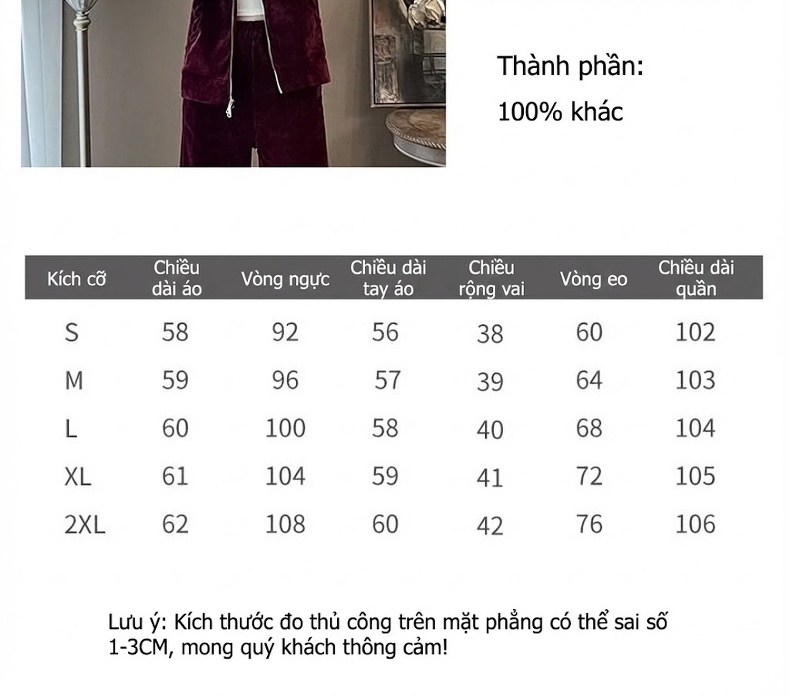 Bộ Đồ Thể Thao Nữ Áo Khoác Nhung Quần Ống Rộng Phong Cách Thời Trang Màu Đỏ Rượu, Xanh Navy chi tiết 9