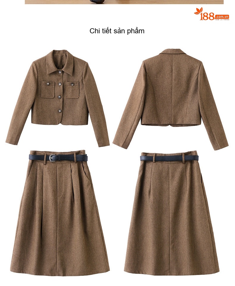 Set Áo Khoác Lửng và Chân Váy Midi Nữ Tính Thu Đông Kèm Thắt Lưng Màu Nâu chi tiết 19