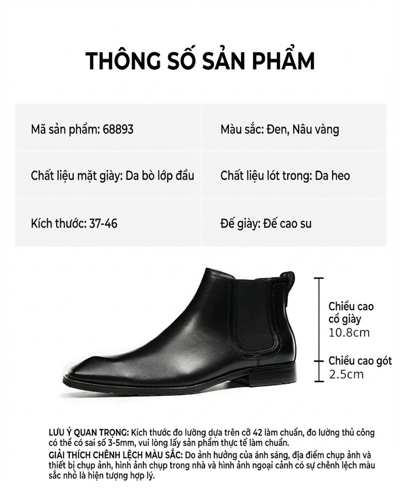 Giày Chelsea Boot Nam Da Thật Lót Lông Chiều Cao Đế Khoảng 3cm Phong Cách Anh Quốc Màu Đen, Nâu chi tiết 2
