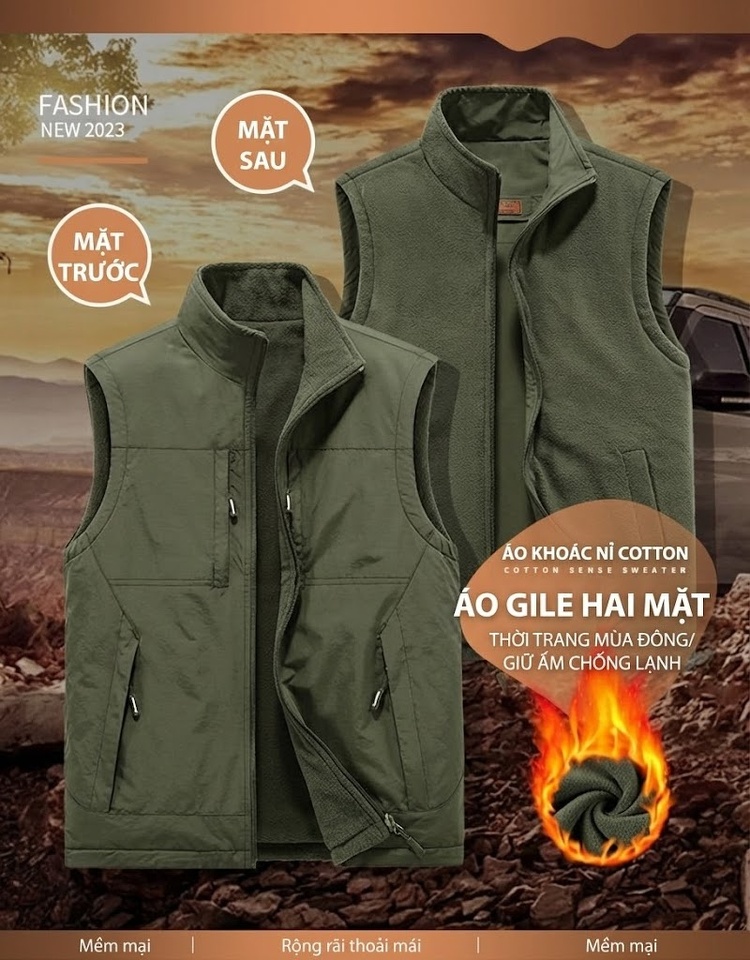 Áo Gile Nam Hai Mặt Mặc Lót Lông Cừu Non Nhiều Túi Phong Cách Thể Thao Thu Đông Màu Xanh Rêu, Nâu Be, Xám, Đen... chi tiết 1