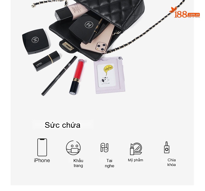 Túi Đeo Vai Nữ Da Bò Mini Dây Xích Quả Cầu Vàng Phong Cách Đường Phố Màu Đen chi tiết 9