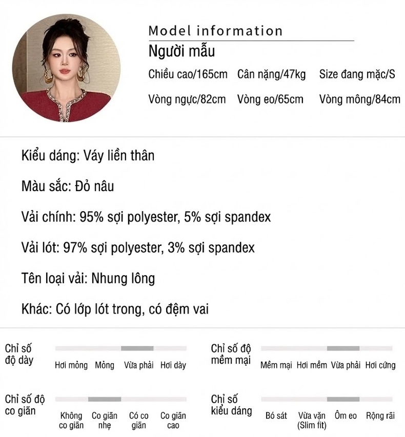 Váy Dự Tiệc Nữ Đính Đá V Cổ Tay Dài Ôm Dáng Màu Đỏ chi tiết 2