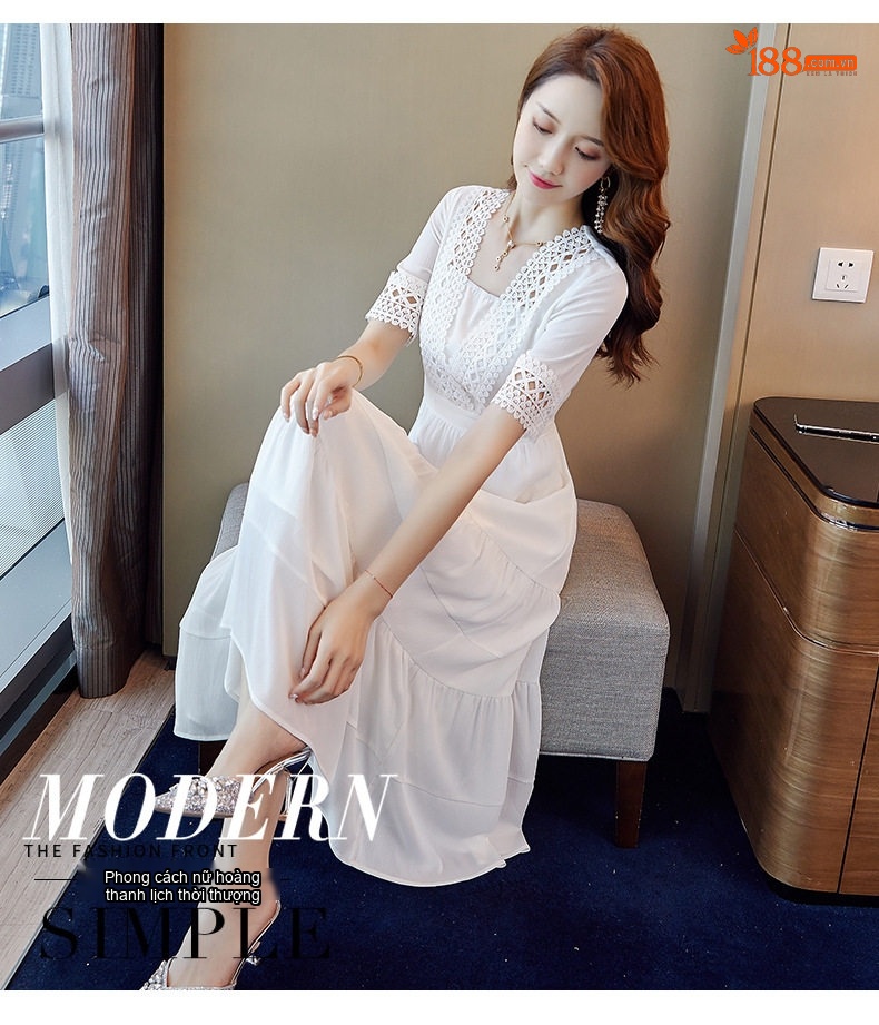 Váy Midi Nữ Xòe Nhẹ Cổ chữ Vuông Tay Lỡ Chất Liệu Voan Thích Hợp Đi Biển Màu Trắng, Xanh, Vàng chi tiết 1