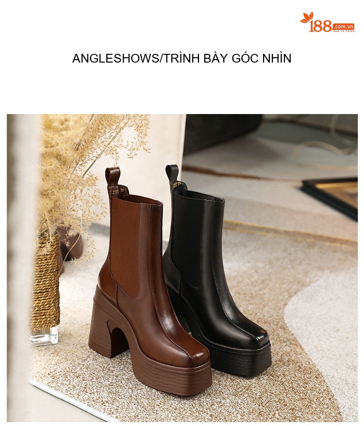 Boot Nữ Da Thật Đế Vuông 10cm Chống Nước Phong Cách Retro Màu Đen, Nâu chi tiết 7