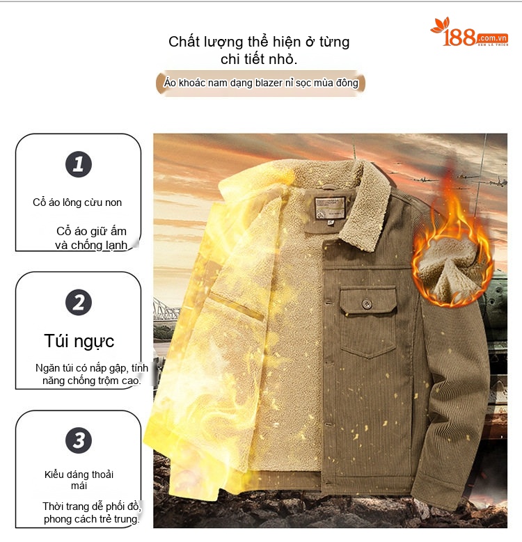 Áo Khoác Bông Nam Dáng Rộng Cổ Bẻ Lót Lông Cừu Non Vải Cotton Gân Màu Đen, Xanh Rêu, Nâu chi tiết 5