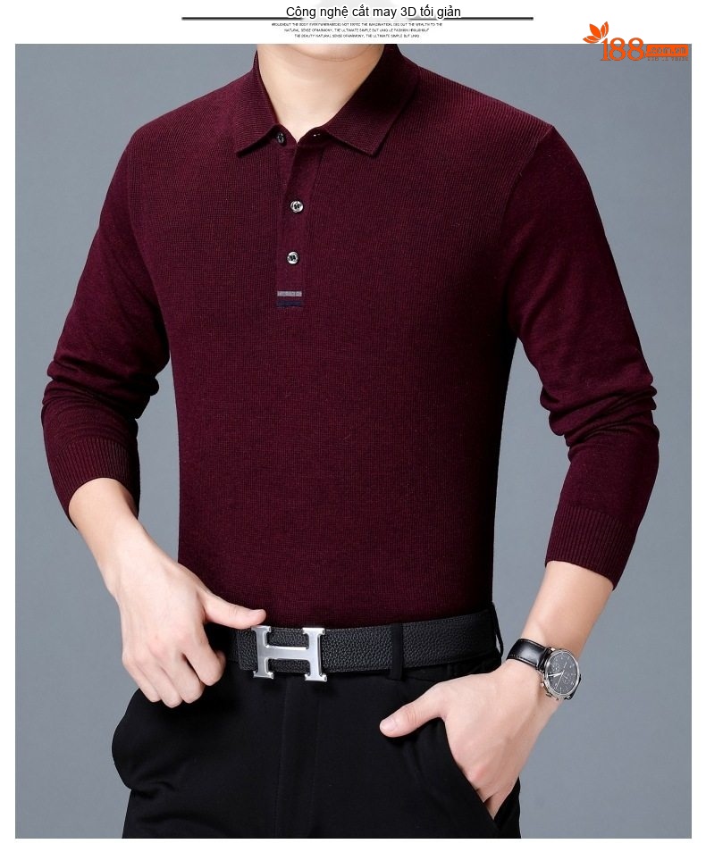 Áo Thun Polo Nam Dài Tay Dệt Kim Cashmere Phong Cách Doanh Nhân Màu Đỏ Rượu, Xám, Xanh Dương, Xanh Lá... chi tiết 8