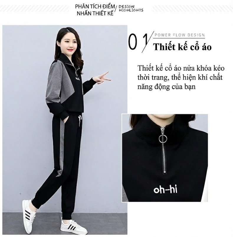 Bộ Đồ Nữ Thu Đông Áo Hoodie Quần Jogger Bo Gấu Phong Cách Thời Trang Trẻ Trung Màu Đen, Xám, Trắng chi tiết 7