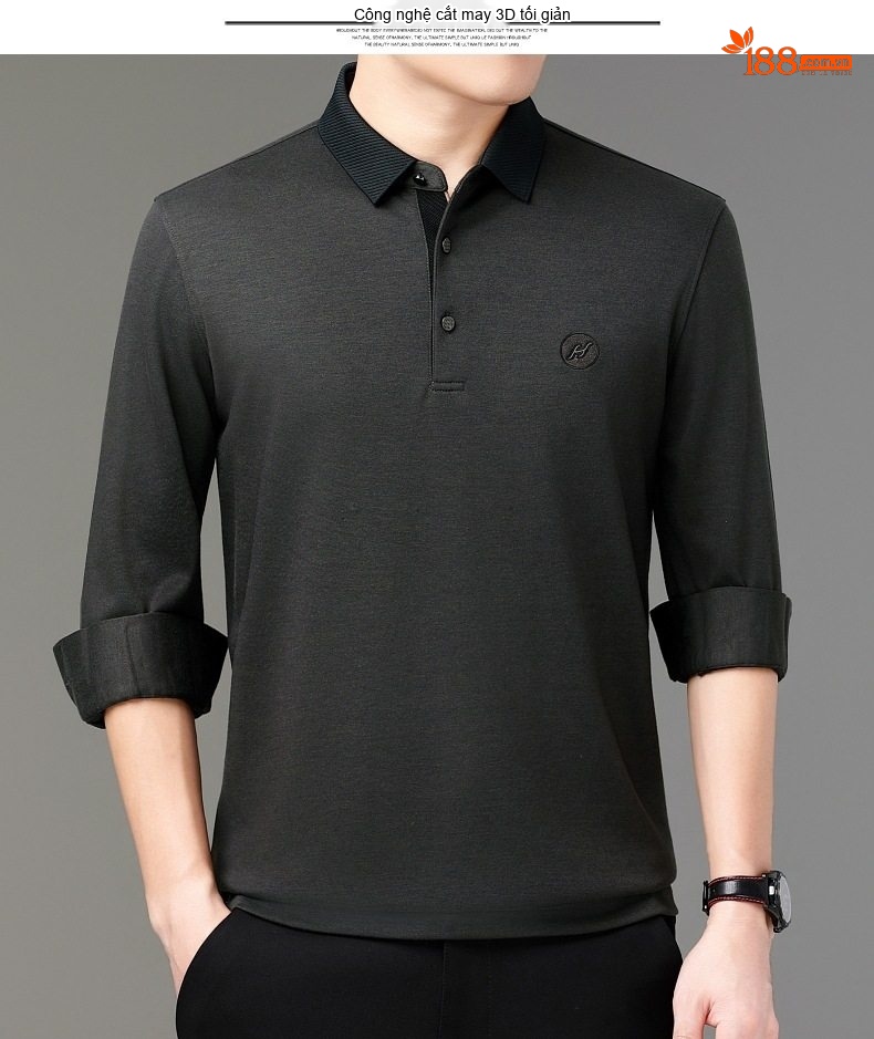 Áo Thun Polo Nam Tay Dài Cashmere Cổ Bẻ Phong Cách Doanh Nhân Màu Đen, Xám, Xanh Navy chi tiết 8