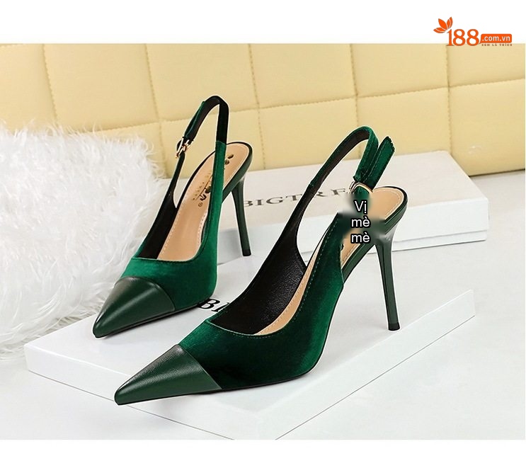 Giày Cao Gót Nữ Mũi Nhọn Hở Gót Quai Hậu Phối Nỉ Chiều Cao Đế Khoảng 7cm Màu Đỏ, Xanh, Đen chi tiết 8