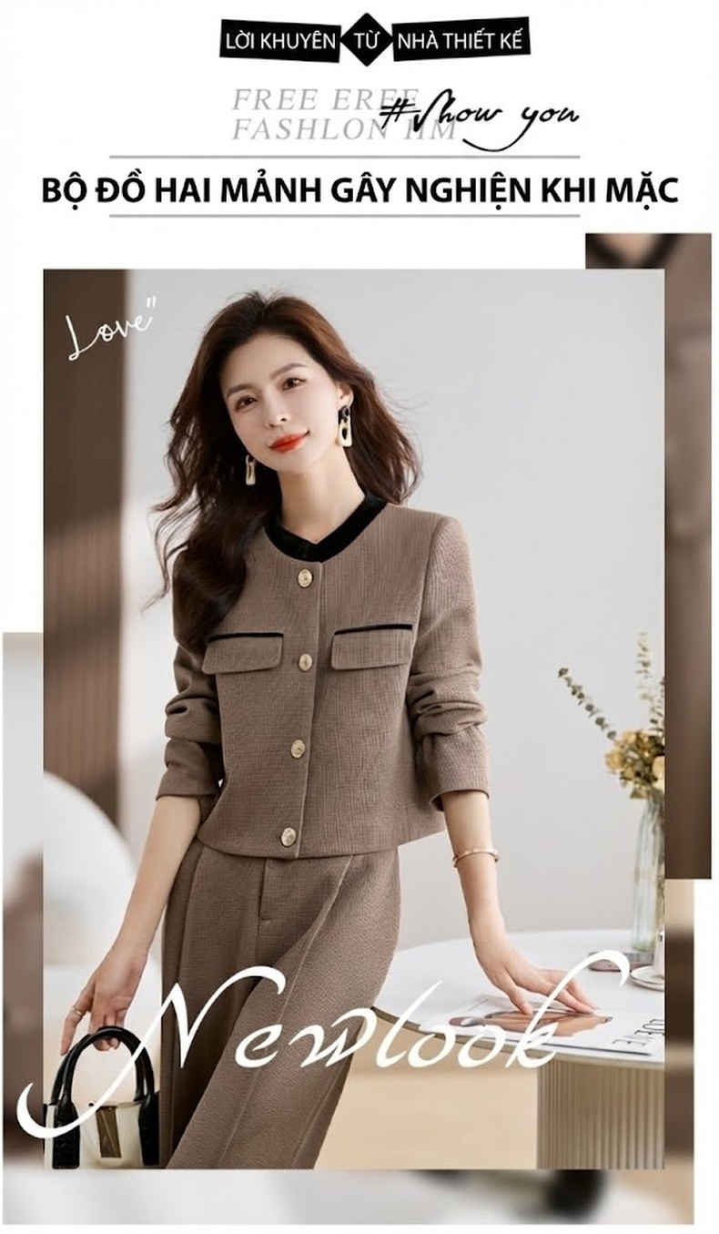 Bộ Vest Nữ Quần Ống Rộng Công Sở Thanh Lịch Màu Đen, Xanh Rêu, Nâu chi tiết 2