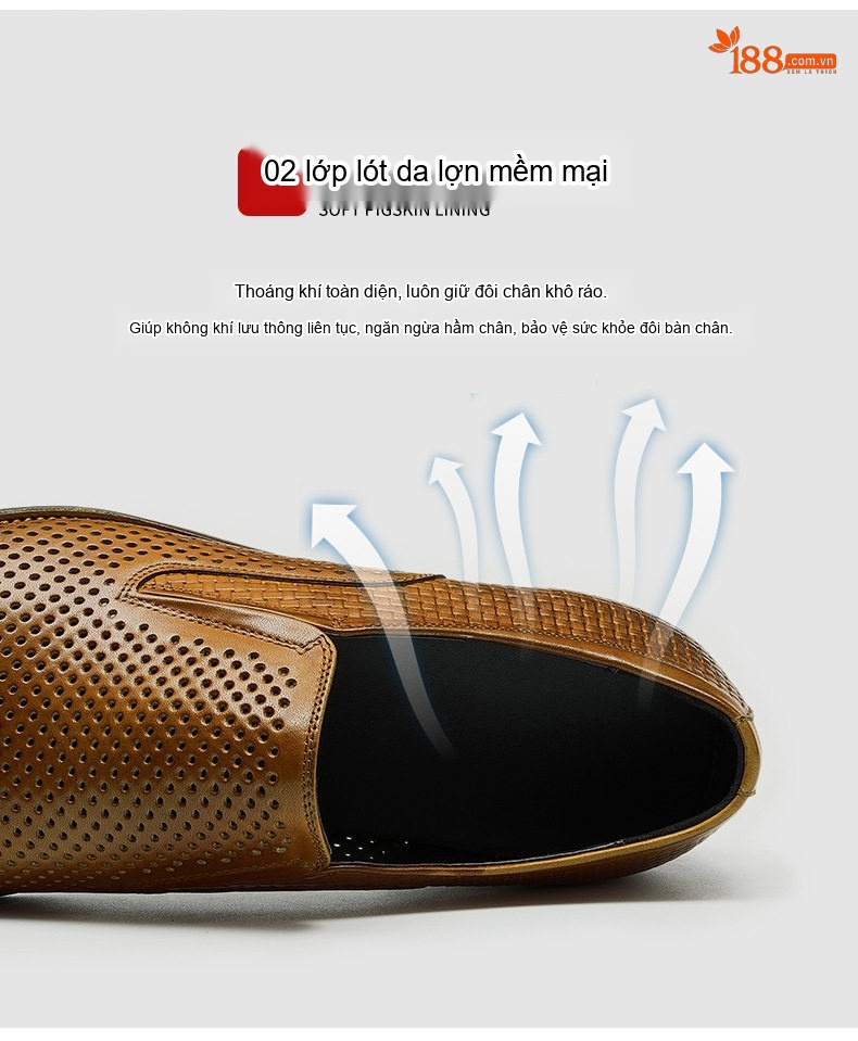 Giày Lười Nam Da Thật Lỗ Thoáng Khí Chiều Cao Đế Khoảng 2cm Màu Đen, Nâu, Kem chi tiết 7