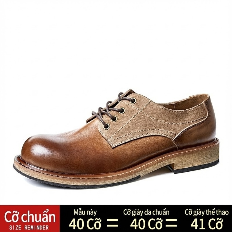 Giày Tây Buộc Dây Nam Da Bò Chiều Cao Đế Khoảng 3cm Màu Nâu, Be