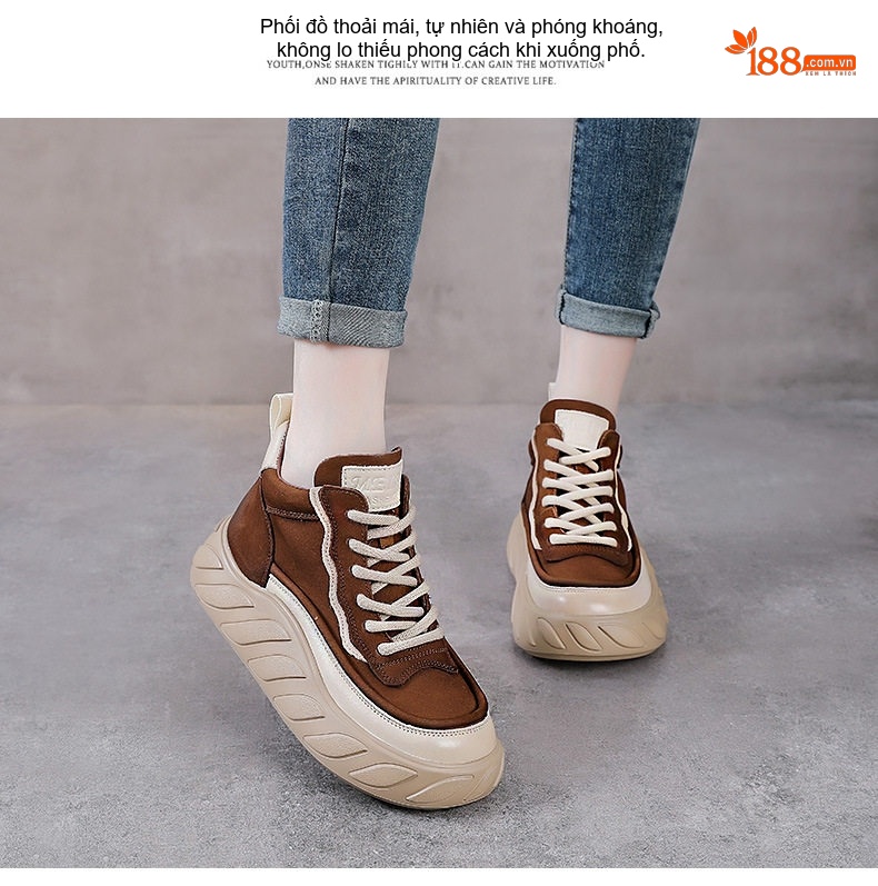 Giày Cao Cổ Nữ Da Bò Buộc Dây Chiều Cao Đế Khoảng 5cm Màu Nâu, Vàng chi tiết 15