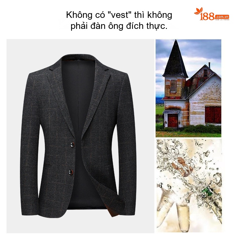 Áo Vest/Blazer Nam Kẻ Caro Co Giãn Vải Nylon Phong Cách Hàn Quốc Màu Xám, Xanh Đen chi tiết 9