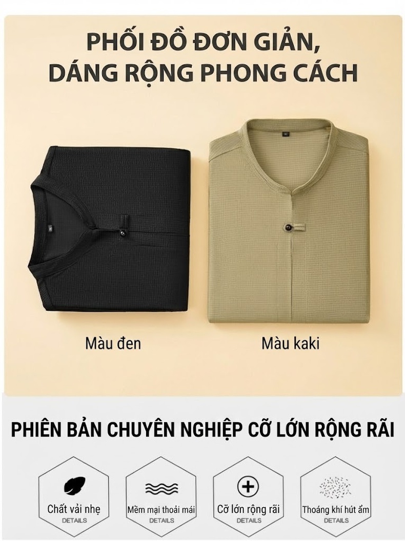 Áo Thun Nam Tay Ngắn Cổ Tàu Dáng Rộng Phong Cách Trung Hoa Màu Be, Đen chi tiết 3