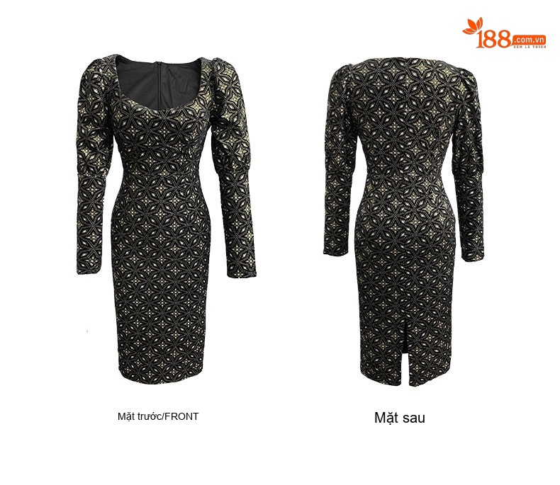 Váy Ôm Body Nữ Cổ chữ Vuông Tay Bồng Dáng Dài Phong Cách Pháp Cổ Điển Thanh Lịch Màu Đen chi tiết 6