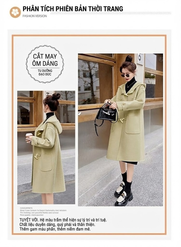 Áo Khoác Dạ Nữ Dáng Dài Vừa Lông Cừu Hai Mặt Khuy Sừng Phong Cách Văn Nghệ Màu Đen, Kem, Xanh chi tiết 4