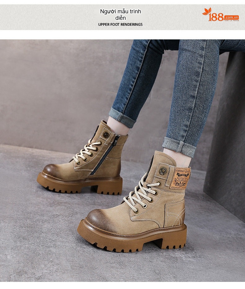 Boot Martin Nữ Da Bò Cổ Cao Đế Dày Phong Cách Retro Chiều Cao Đế Khoảng 5cm Màu Nâu, Đen, Đỏ... chi tiết 11