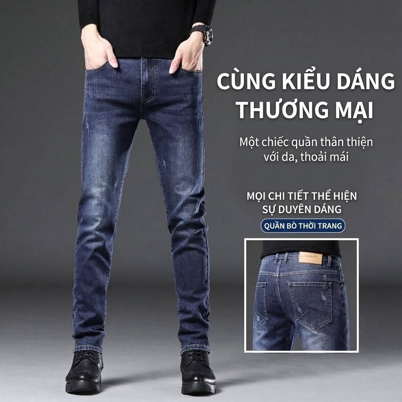 Quần Jean Nam Dáng Ôm Vừa Vặn Co Giãn Nhẹ Màu Xanh Đậm