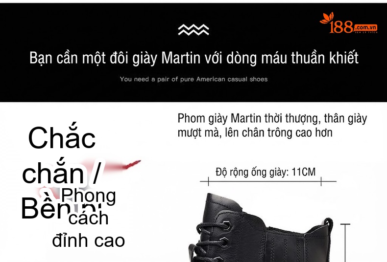 Giày Boot Martin Nam Da Thật Lót Lông Cừu Dày Dặn Chiều Cao Đế Khoảng 4cm Màu Đen chi tiết 7