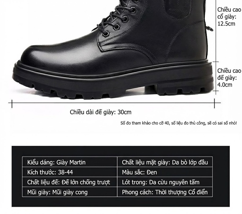 Giày Boot Martin Nam Da Thật Lót Lông Cừu Dày Dặn Chiều Cao Đế Khoảng 4cm Màu Đen chi tiết 8