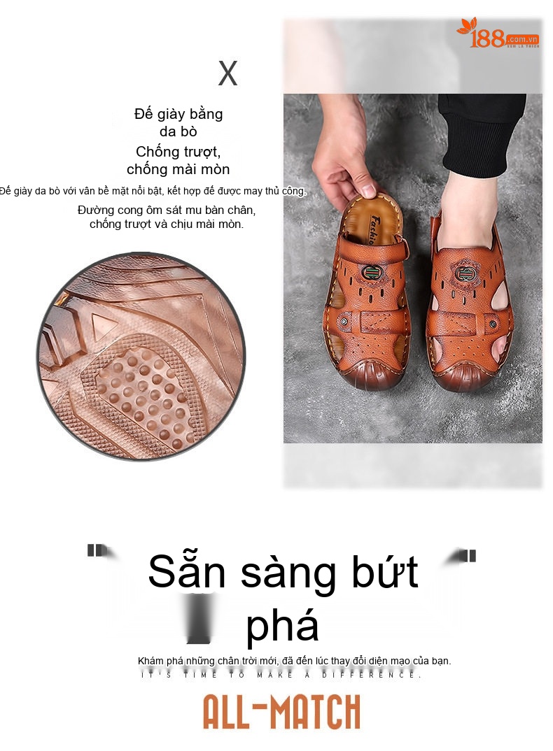 Dép Sandal Nam Da Bóng Quai Hậu Chiều Cao Đế Khoảng 2cm Màu Nâu, Đen chi tiết 3